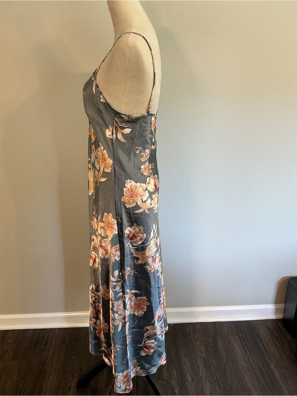 Floral Satin Slip Chemise in Slate Gray with Pink Blooms - Picture 5 of 8